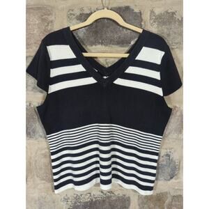 Carolyn Taylor Top‎ Woman's Large V-Neck Cap Sleeve Black White Striped